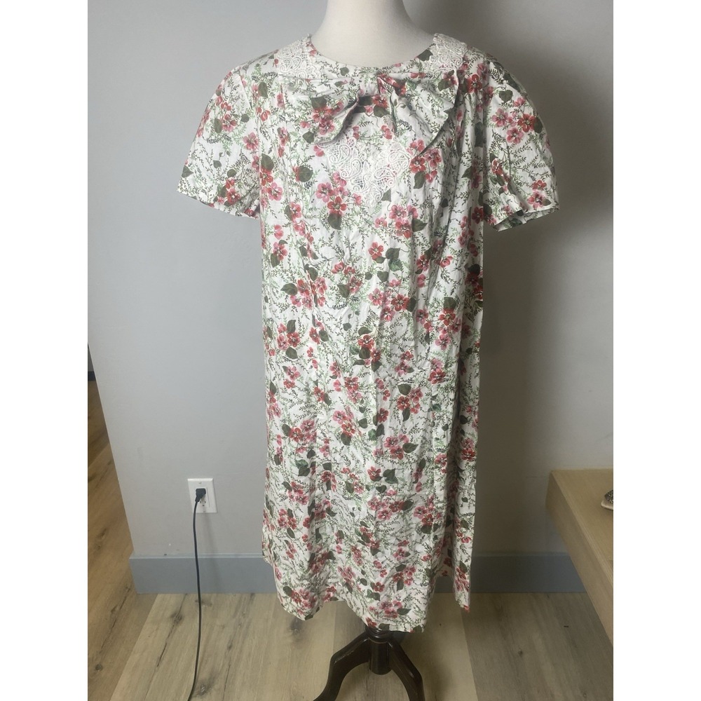 VTG 60's Floral Bow Dress M/L Cotton Cottage Core Handmade Granny Core